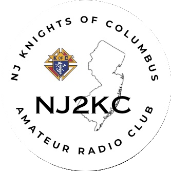 Circular logo with text, a map outline, and a crest for NJ Knights of Columbus Amateur Radio Club.