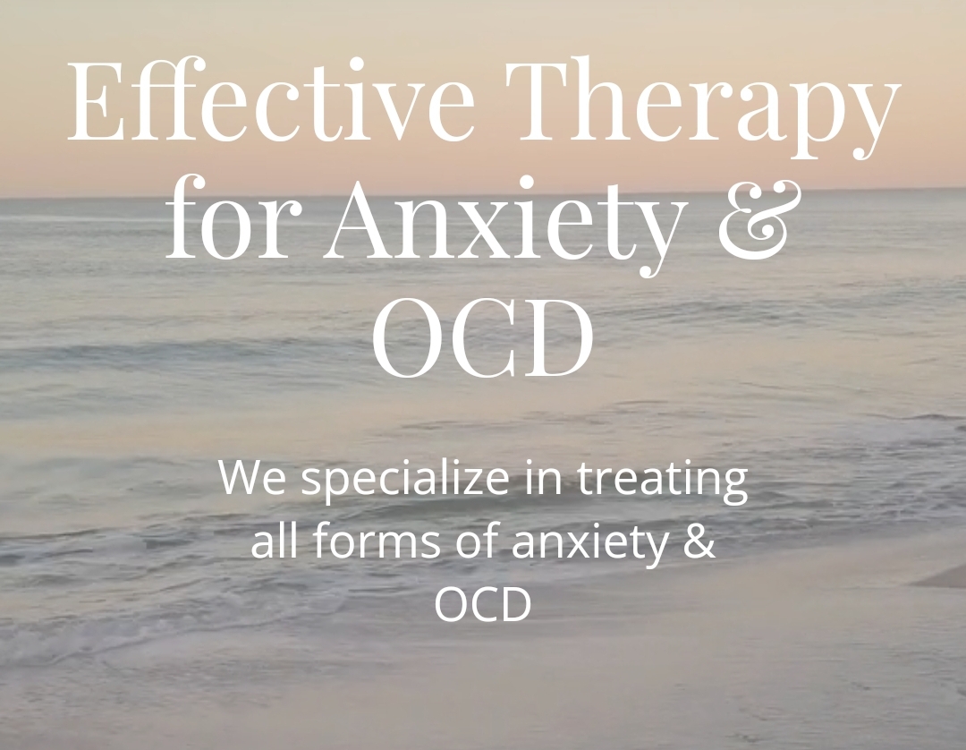 Text overlay on a beach background promoting therapy for anxiety and OCD.