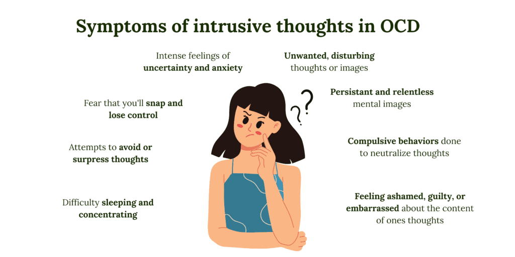 Illustration of a woman with a worried expression, holding her chin, surrounded by text about OCD intrusive thoughts.