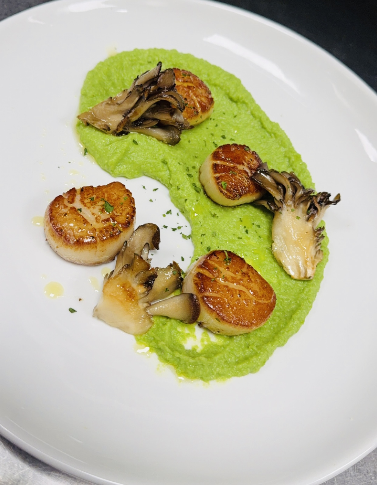 Plate with green sauce, seared scallops, and mushrooms arranged decoratively.