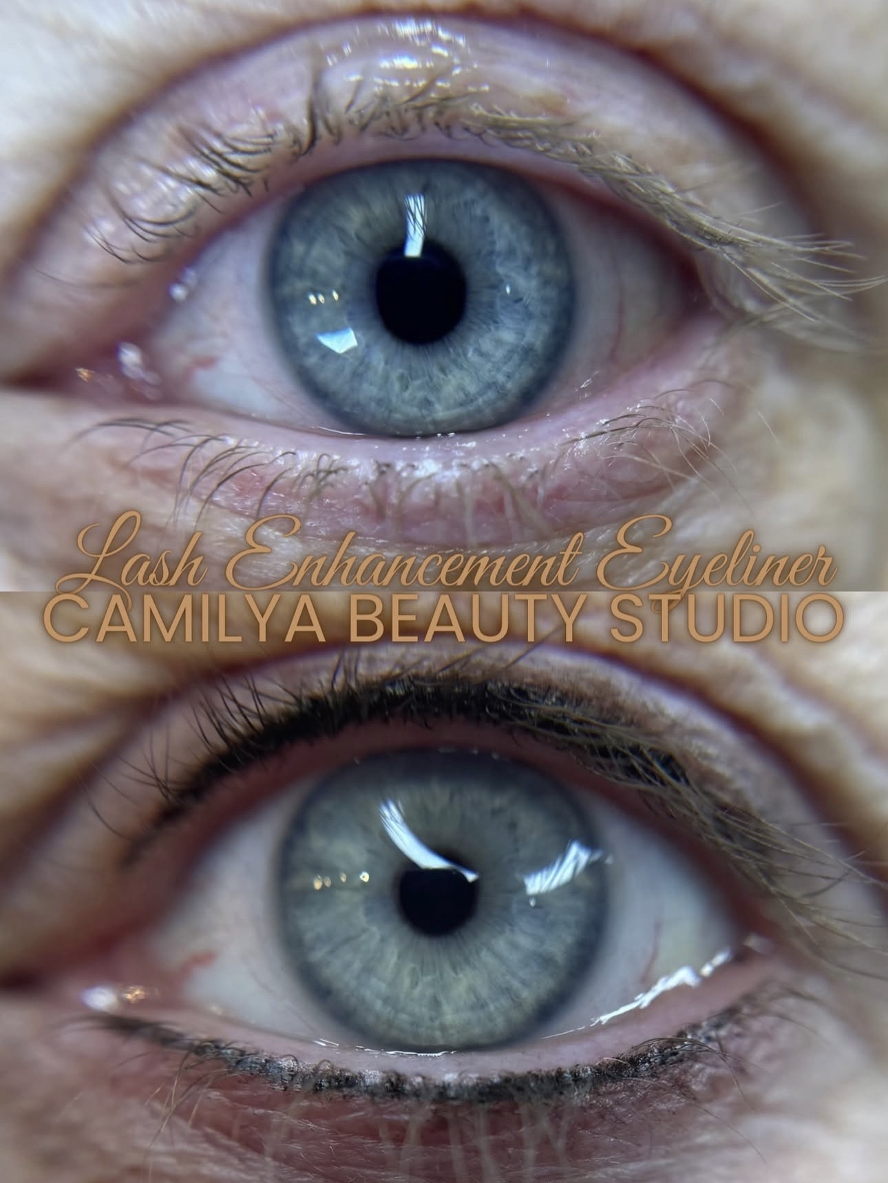 Close-up of two blue eyes with detailed eyelashes and skin texture, with text overlay about eyelash enhancement and beauty studio.