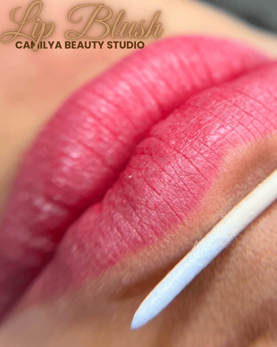 Close-up of lips with pink lip gloss and a cotton swab near the corner.
