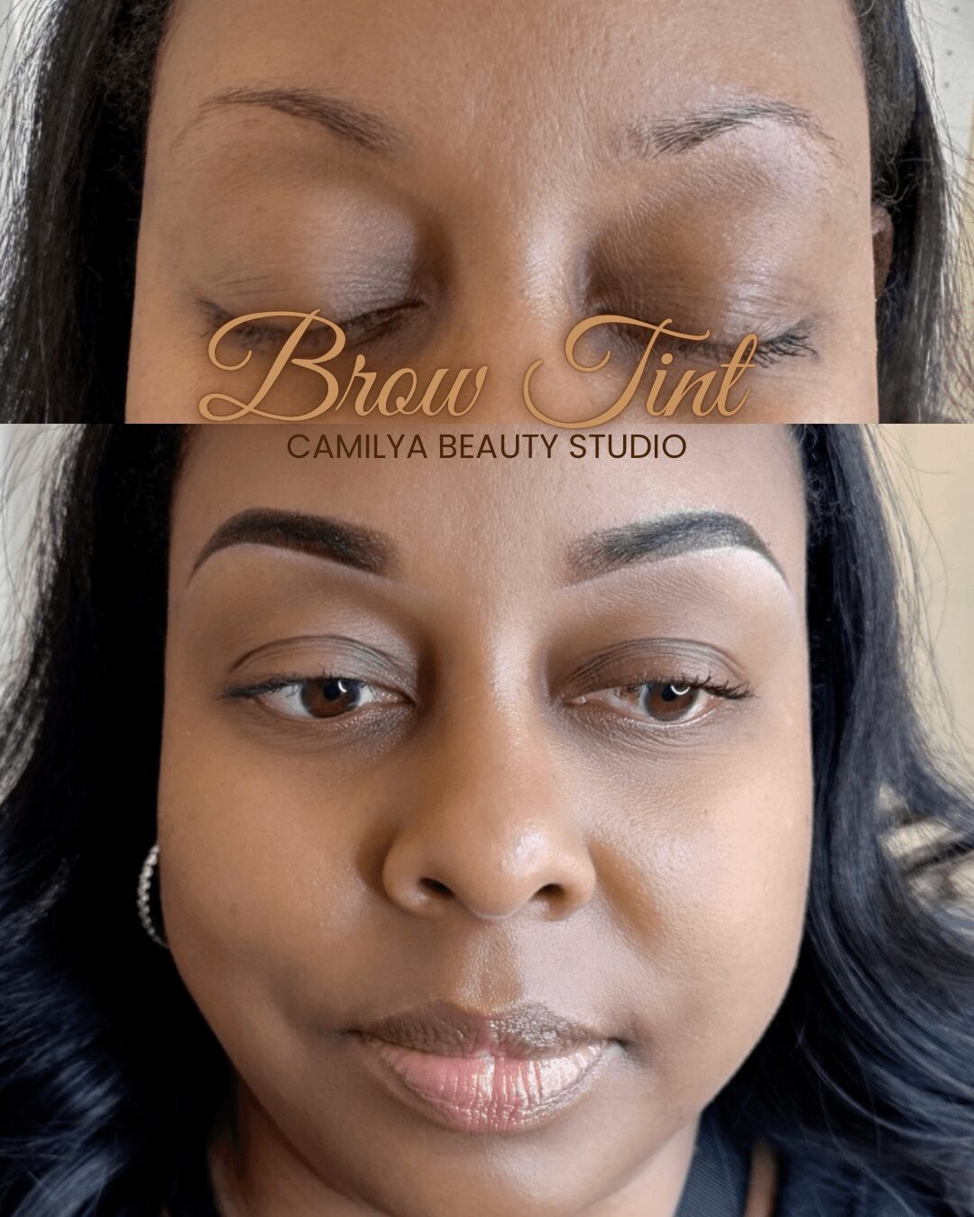 Close-up of a woman's face with fully done eyebrows and makeup, eyes open, looking at the camera.