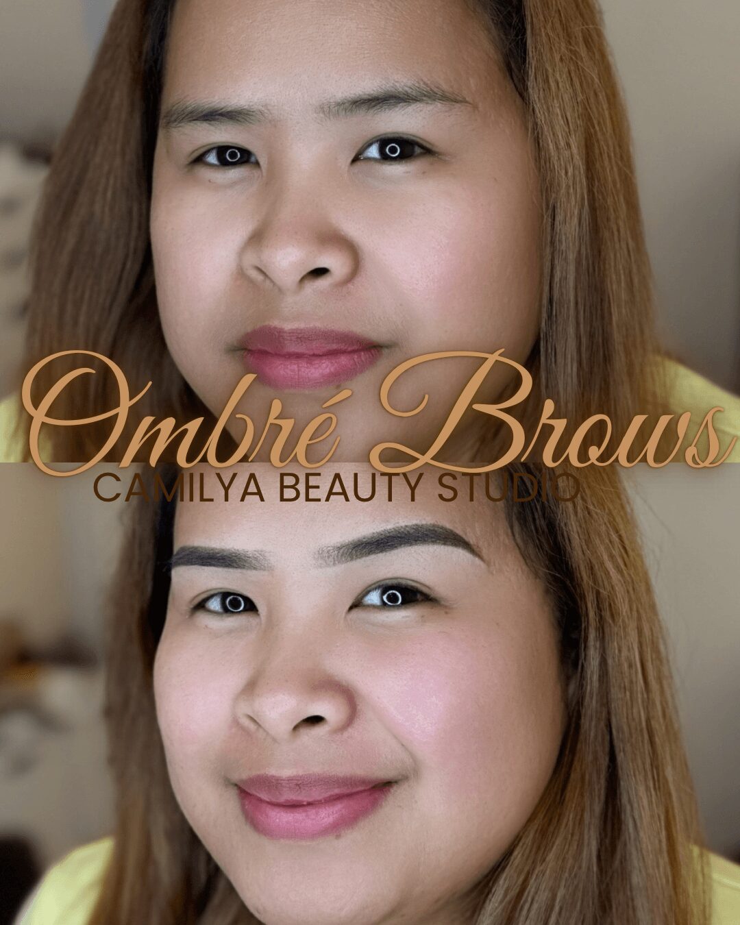 Close-up of a woman with light brown hair, smiling, with text overlay reading 'Ombré Brows' and 'Camilya Beauty Studio'.
