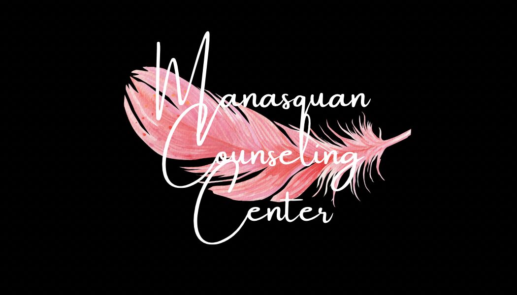 Pink feather with white cursive text on black background, reading 'Manasquan Counseling Center'.