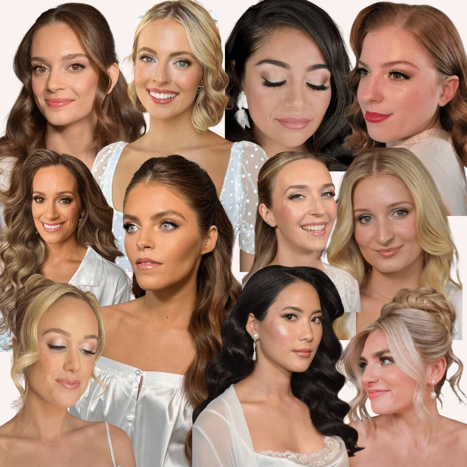 Group of women with various hairstyles and makeup, smiling and looking in different directions.