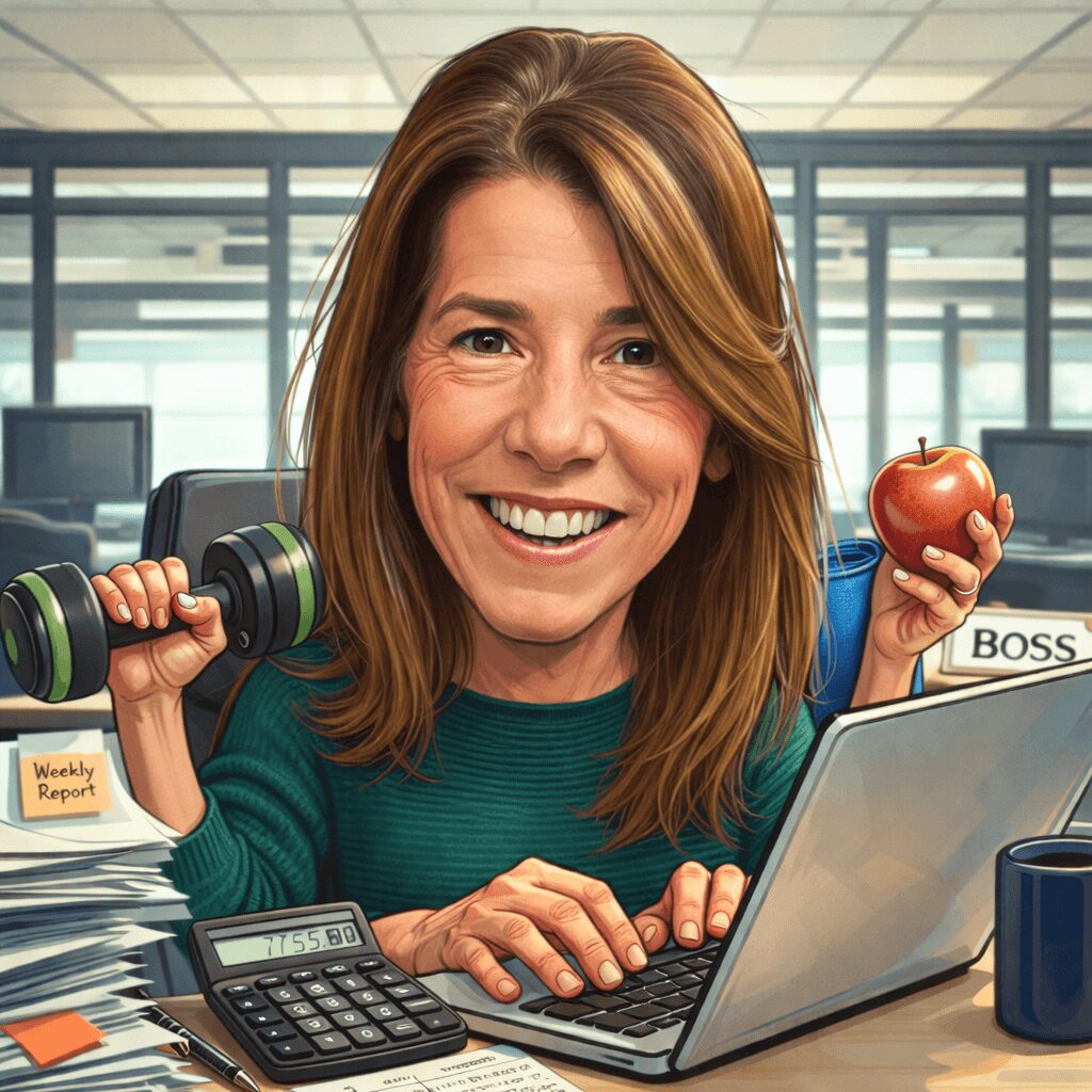 Woman smiling at desk holding an apple and a dumbbell, with a laptop, calculator, and office background.