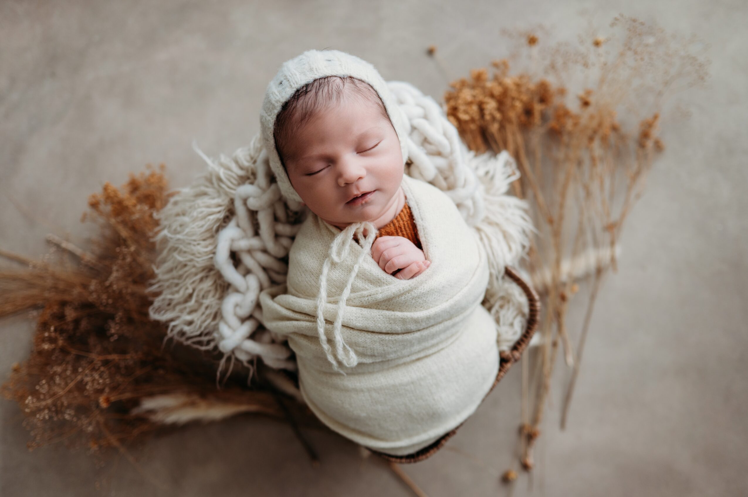 Newborn baby wrapped in a blanket, wearing a knit hat, lying on a soft surface with dried plants nearby.