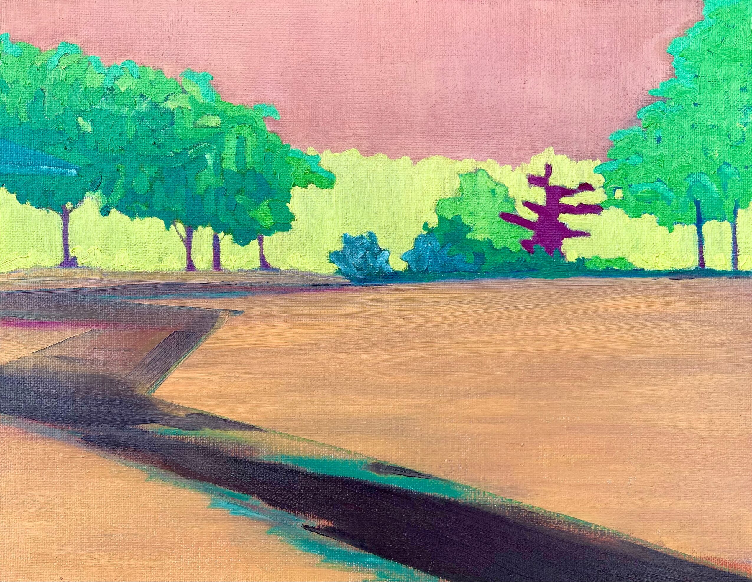 Landscape with trees, a field, and a pink sky, viewed from a low angle with a stream in the foreground.