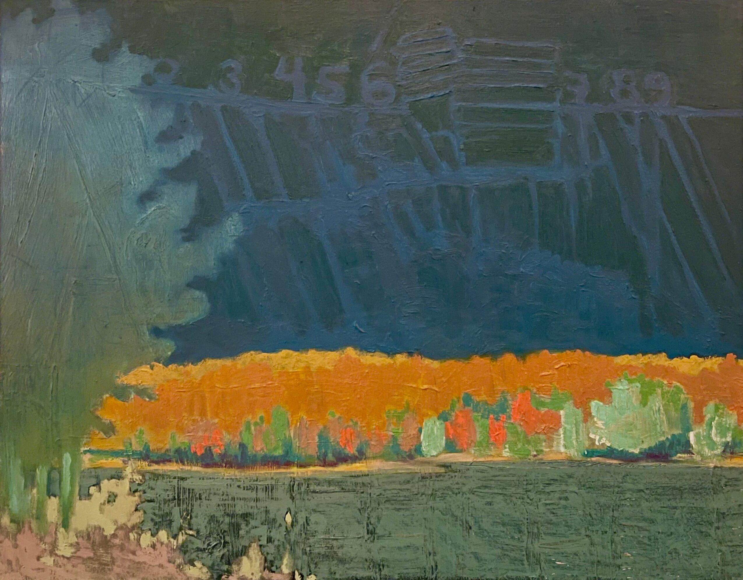 Landscape with a blue sky, orange trees, and green fields, painted in an impressionistic style.