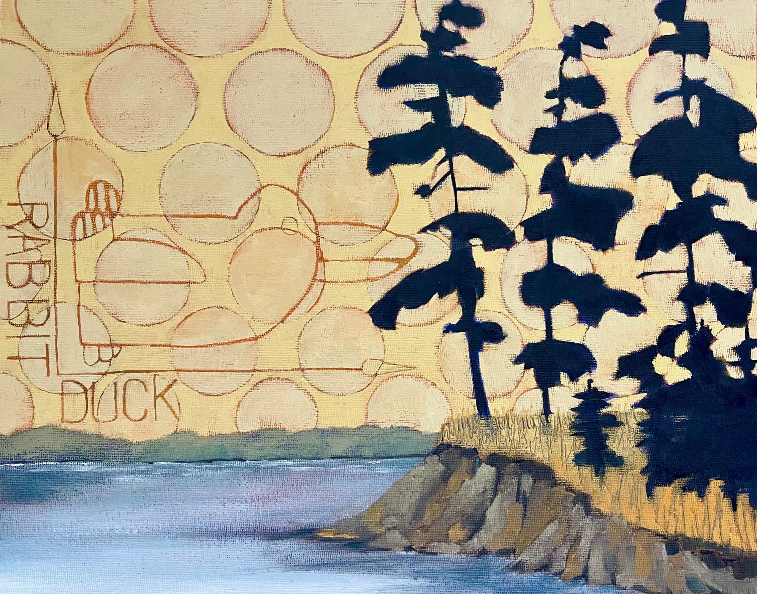 A painting of a landscape with trees, water, and a sky with clouds, featuring handwritten words 'RABBIT' and 'DUCK'.