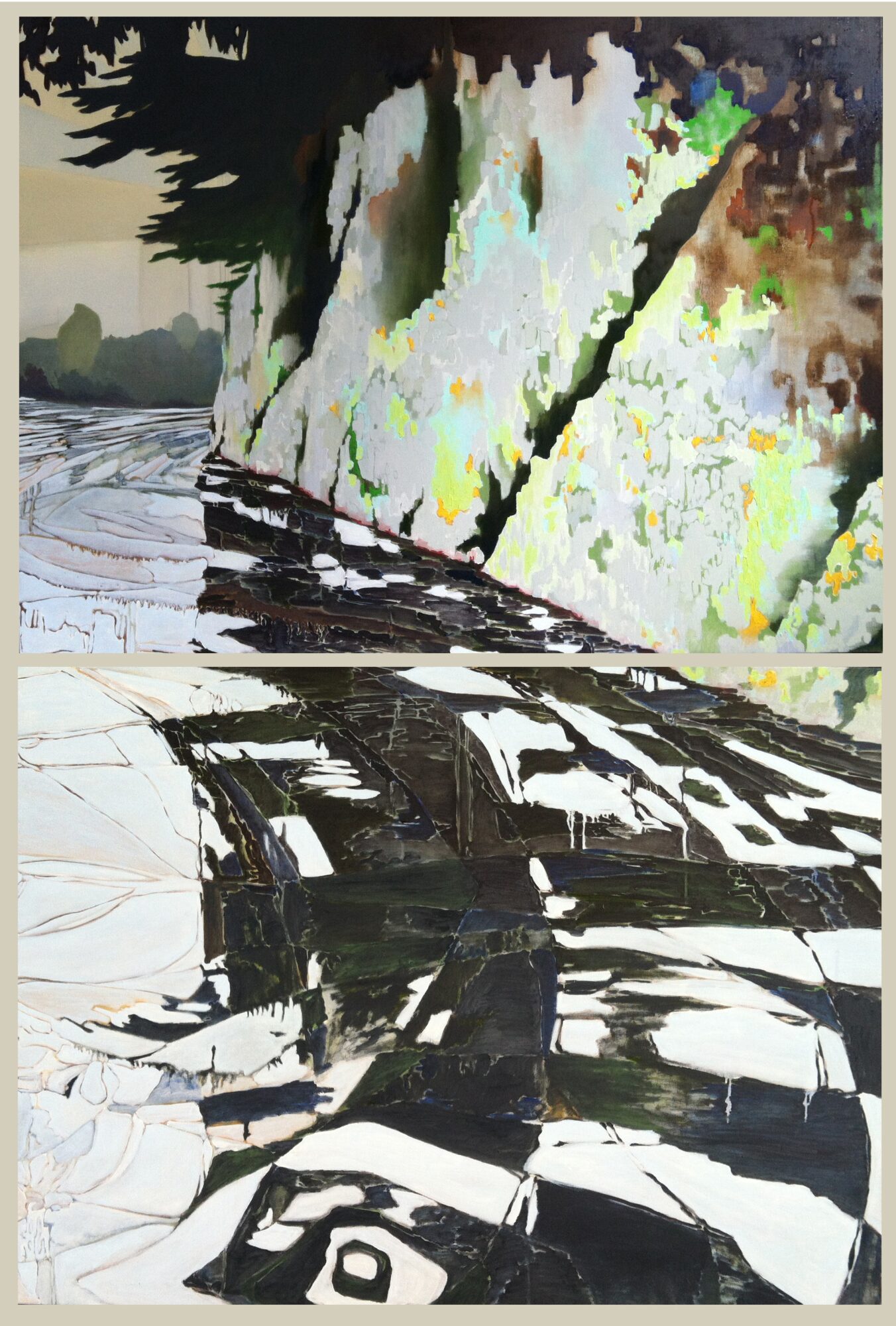 Abstract landscape with trees, water, and reflections, featuring green, white, black, and brown colors.