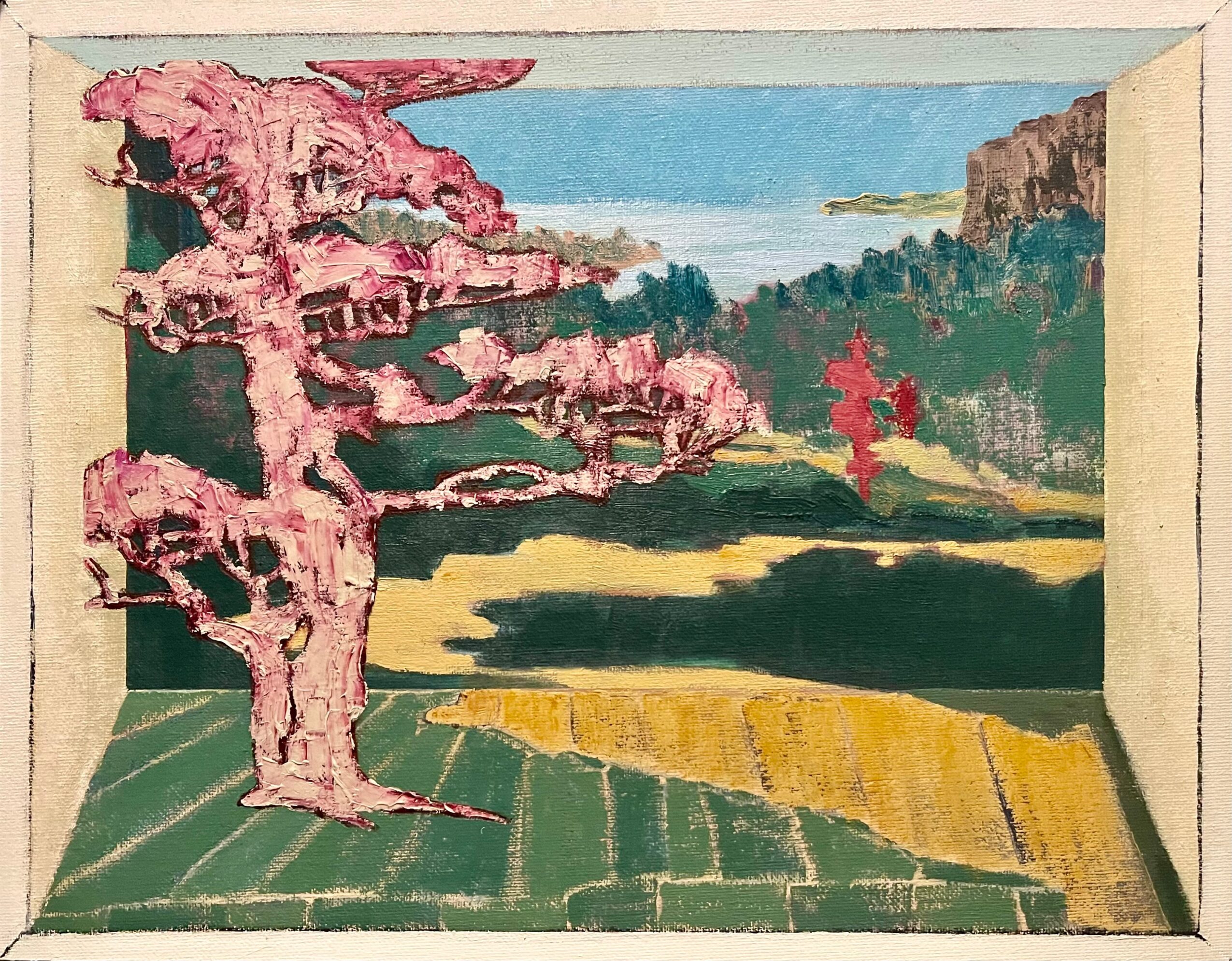 Painting of a landscape with a pink flowering tree, green fields, and a blue sky, viewed from inside a box-like frame.
