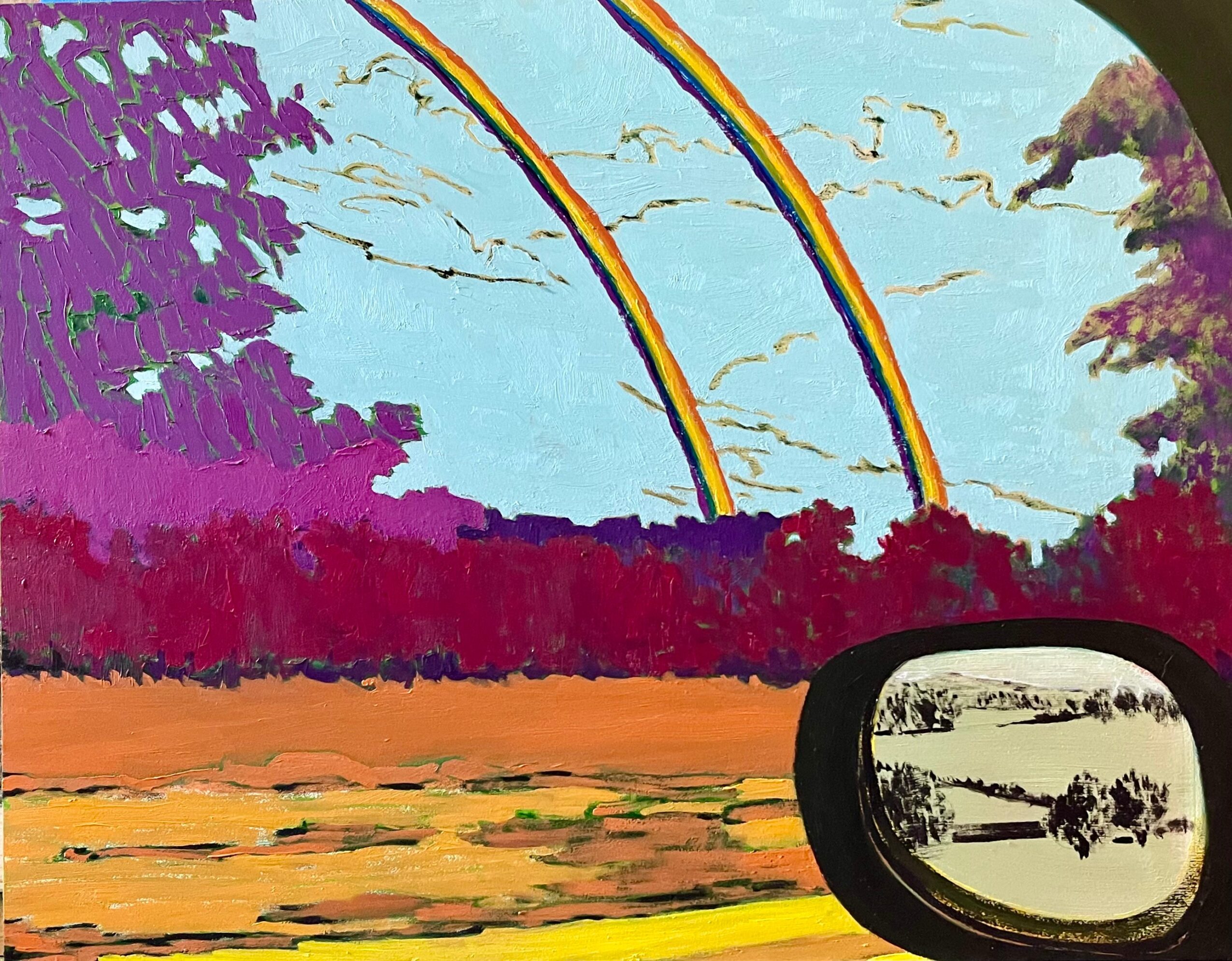 A colorful landscape with rainbows, trees, and a reflection in a side mirror, in a stylized, artistic style.