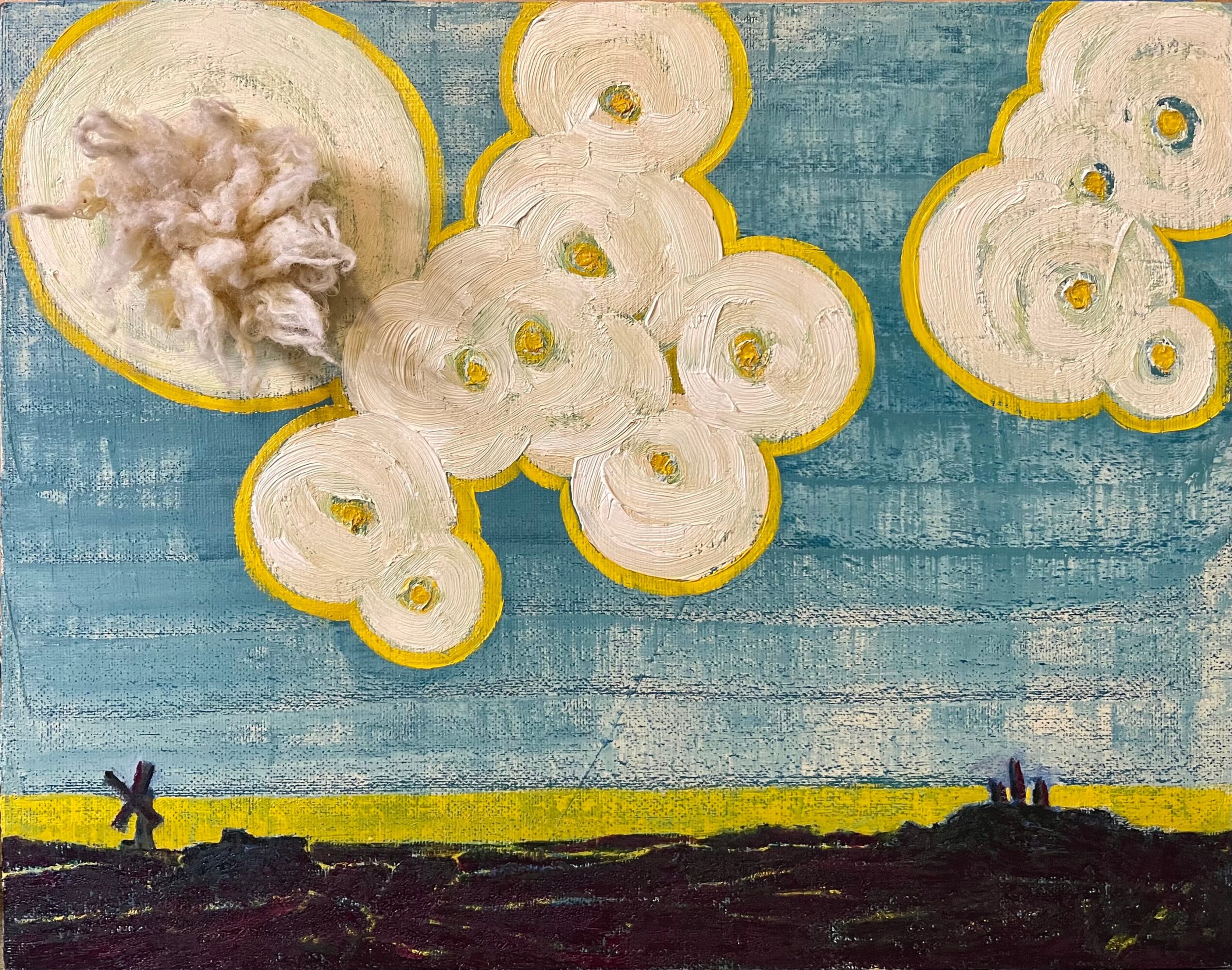 Clouds in a blue sky with a dark landscape below, some clouds have cotton-like textures, yellow outlines around clouds.