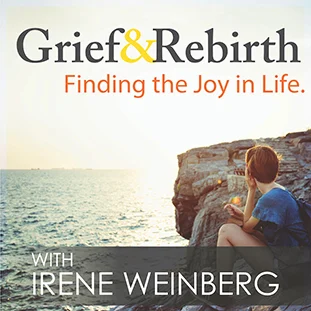Book cover titled 'Grief & Rebirth' with subtitle 'Finding the Joy in Life,' featuring a person sitting on rocks by the sea.