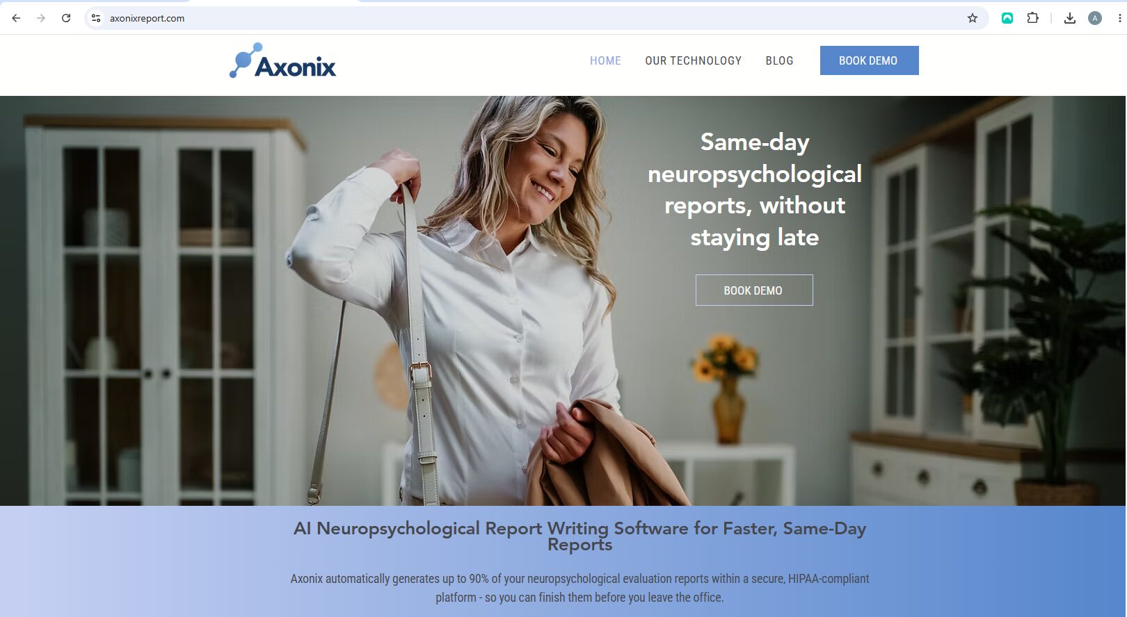 Woman smiling, holding a tablet in a bright room with bookshelves and a plant, promoting neuropsychological reports.