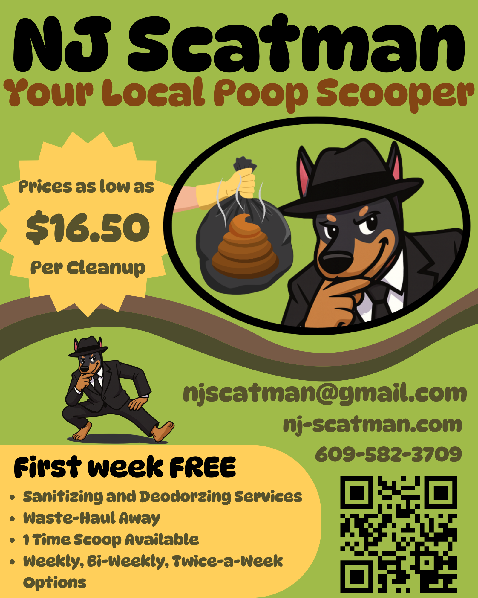 Logo for NJ Scatman featuring a cartoon dog in a suit and hat, with a poop scoop, contact info, and promotional details.