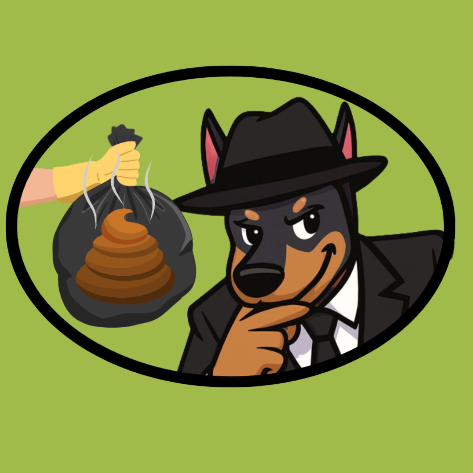A cartoon dog dressed in a suit and hat, with a hand holding a bag of poop, on a green background.