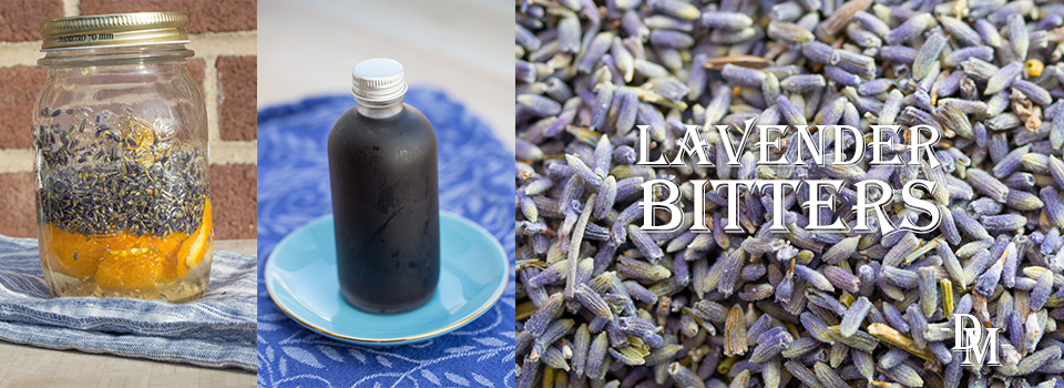Close-up of lavender buds with text 'Lavender Bitters' overlaid, lavender buds scattered, and bottles on a surface.