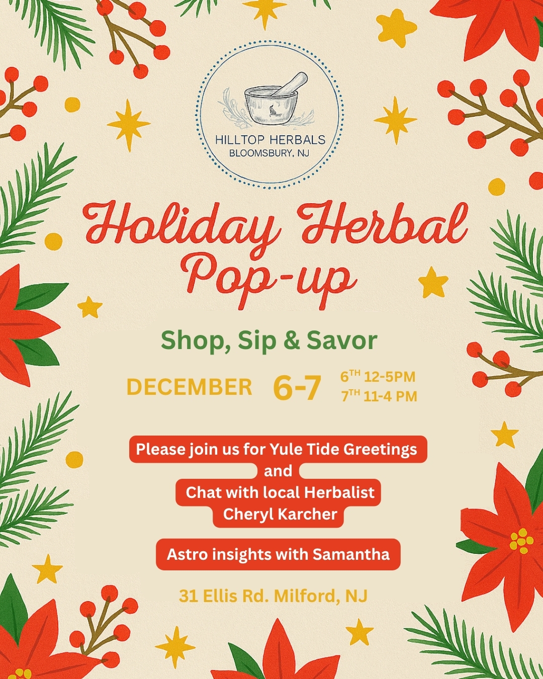 Holiday herbal pop-up event flyer with festive red and green decorations, event details, and a logo at the top.