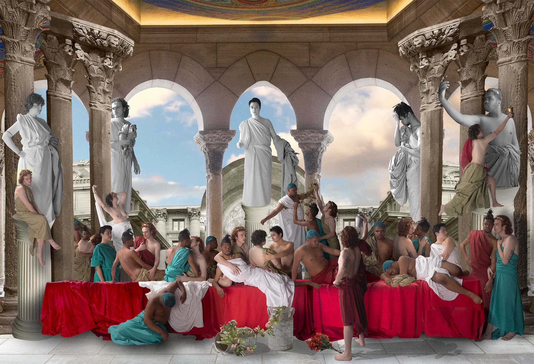 Group of people in ancient Greek-style setting with columns and statues, some seated and others standing, engaged in a scene.