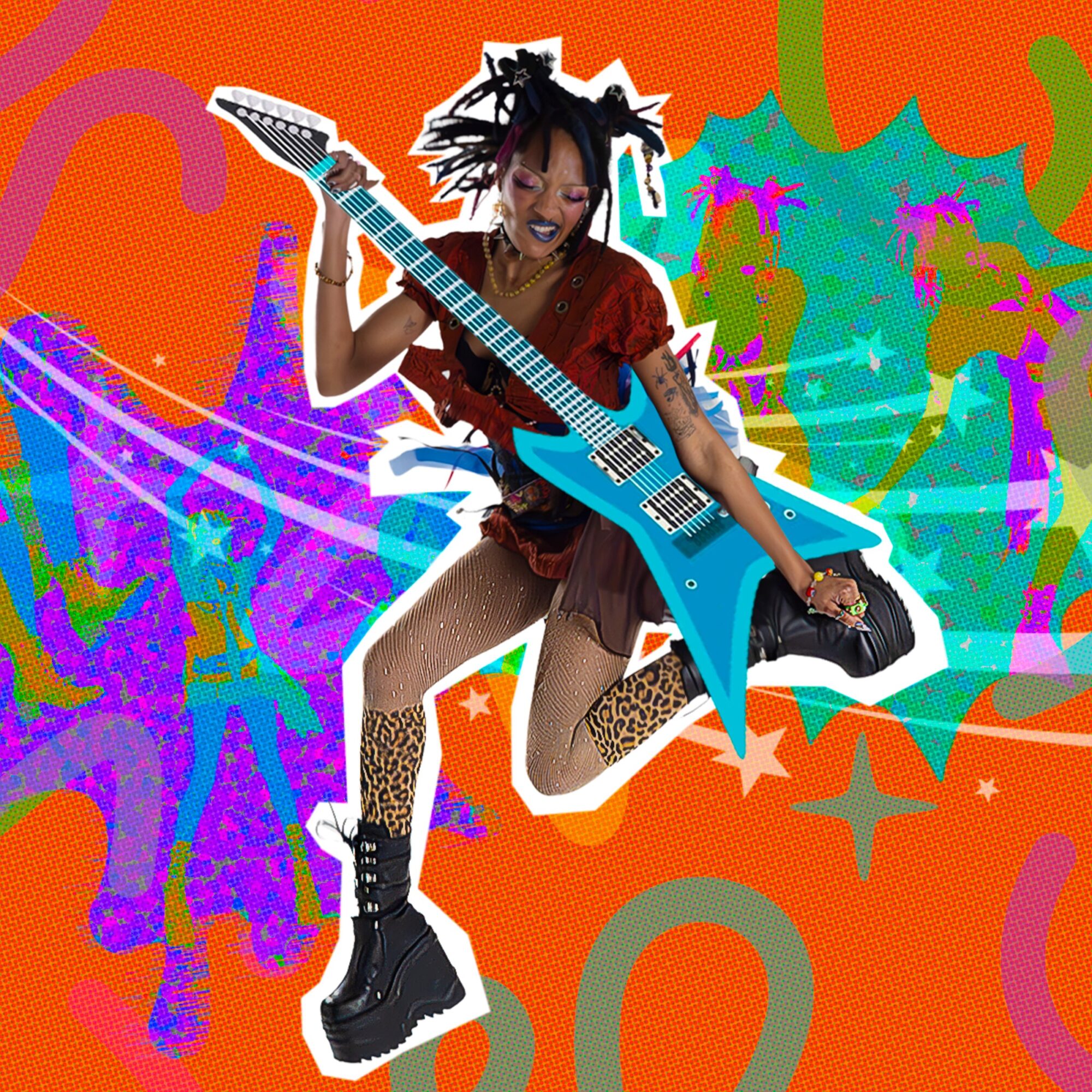 Person jumping with a blue electric guitar, colorful abstract background, energetic scene, wearing leopard print socks, smiling.