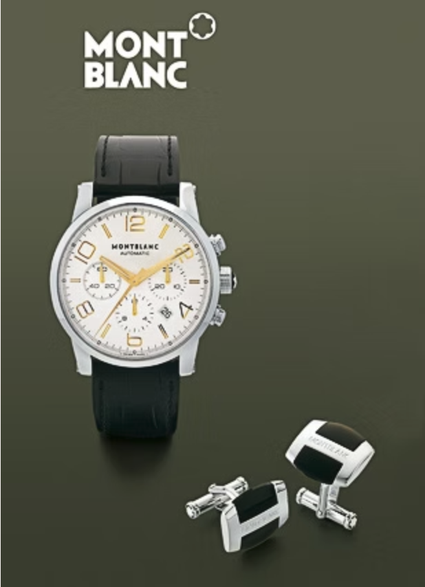 Montblanc wristwatch with a white face, gold numerals, and black strap, alongside silver cufflinks with black accents, on a green background.