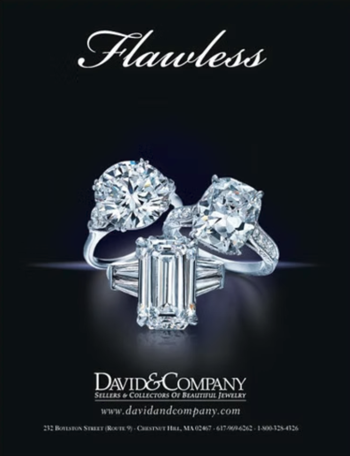 Three diamond rings displayed against a dark background with the word 'Flawless' above, and company information below.