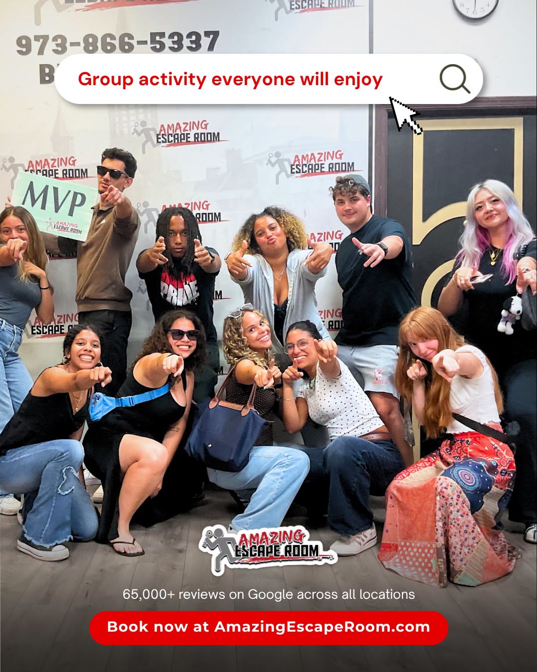 Group of diverse people posing indoors, some making peace signs, with a sign reading 'MVP' and a banner for Amazing Escape Room.