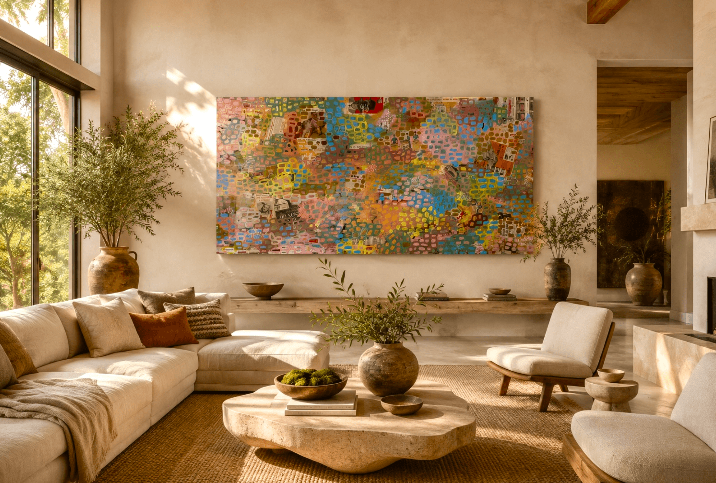 Living room with a large colorful abstract painting on the wall, beige sofa, white armchair, and wooden coffee table, natural light.