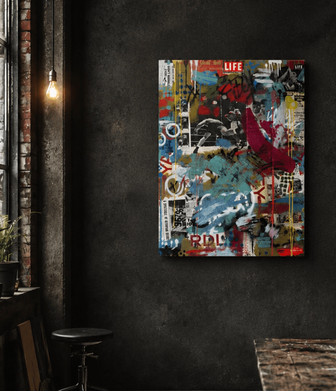 Colorful abstract painting on a dark wall with a hanging light and a window nearby.