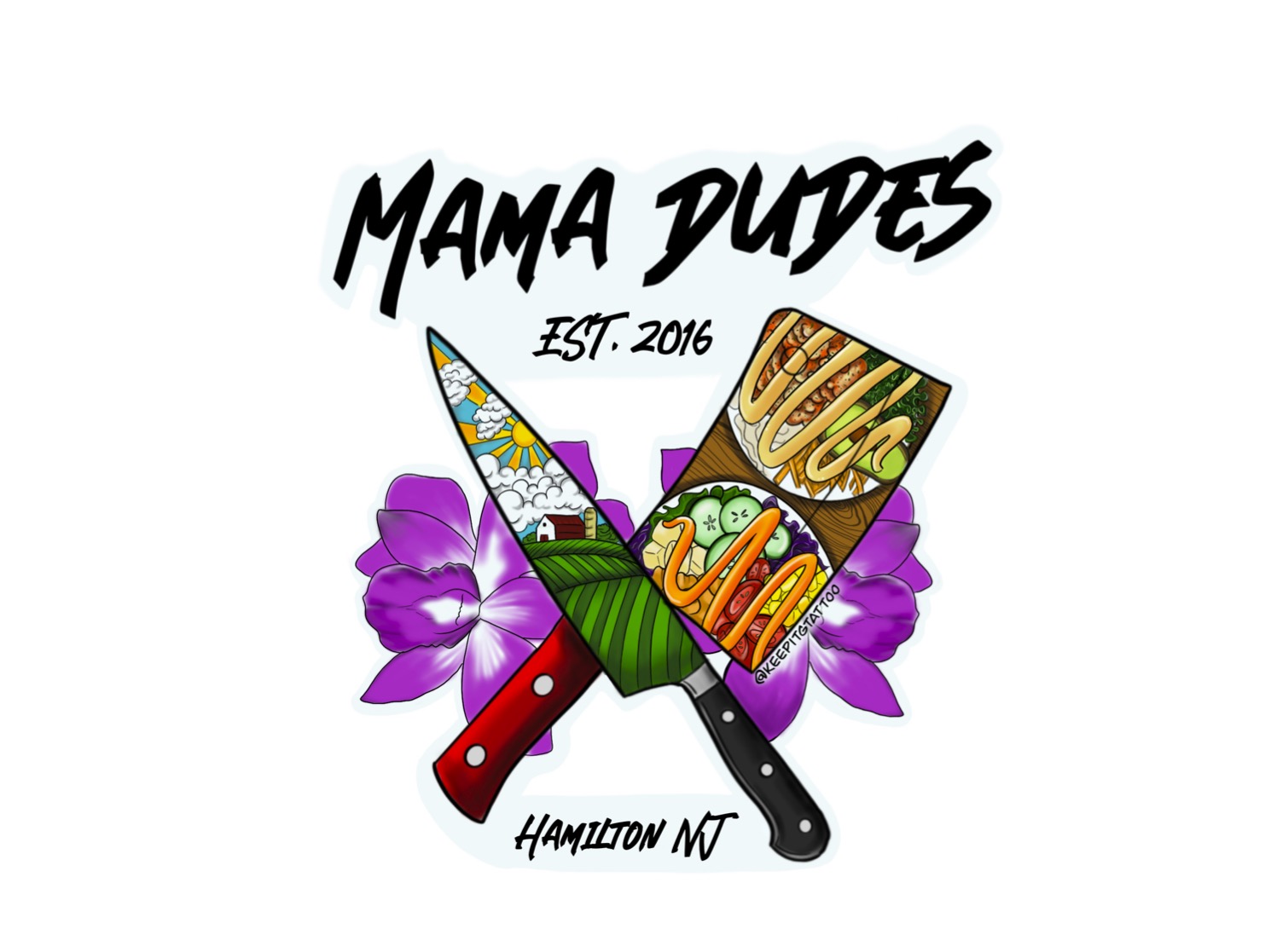 Design with text, colorful ice cream cones, purple flowers, and a knife, celebrating mothers, established 2016, Hamilton, MT.