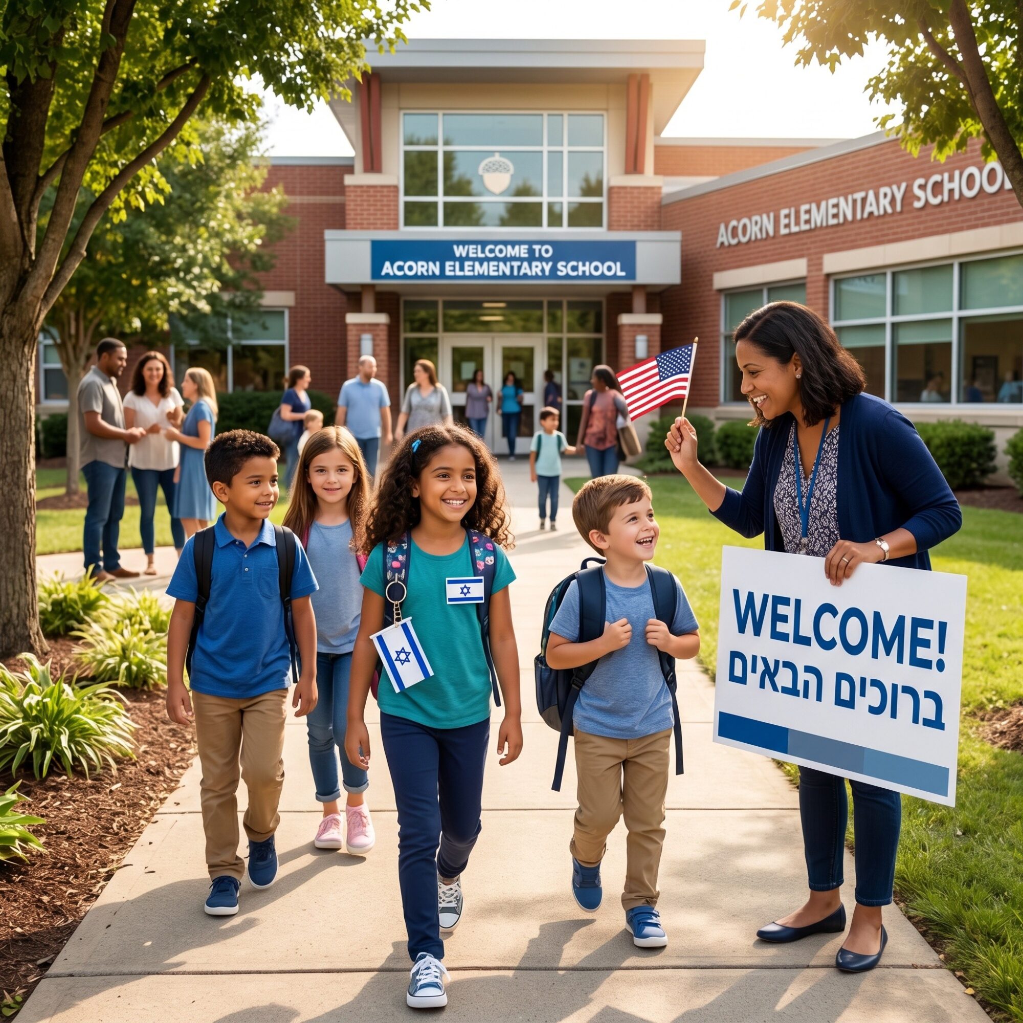 Teacher greeting children with a welcome sign outside elementary school entrance, children smiling and carrying backpacks, sunny day.