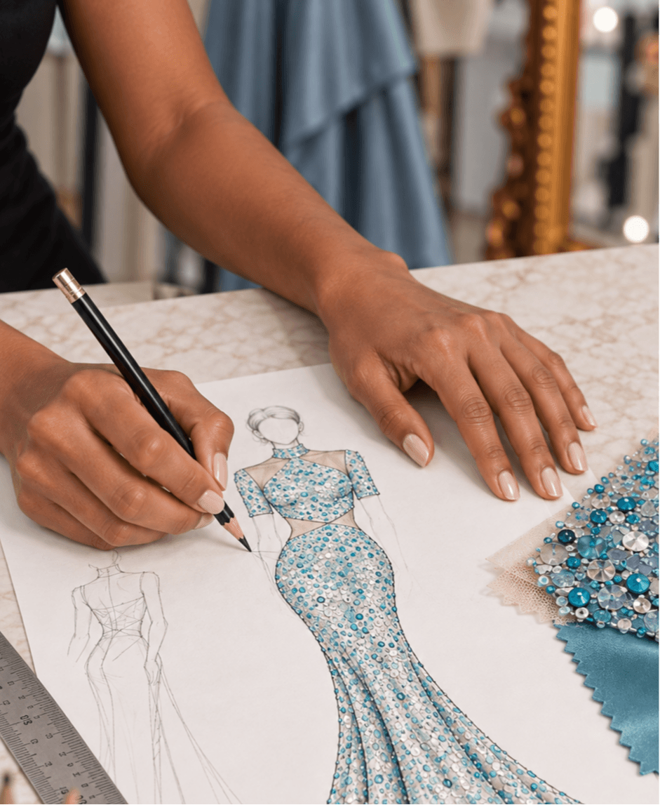 Person's hand drawing a detailed fashion design of a gown on paper, with fabric swatches nearby.