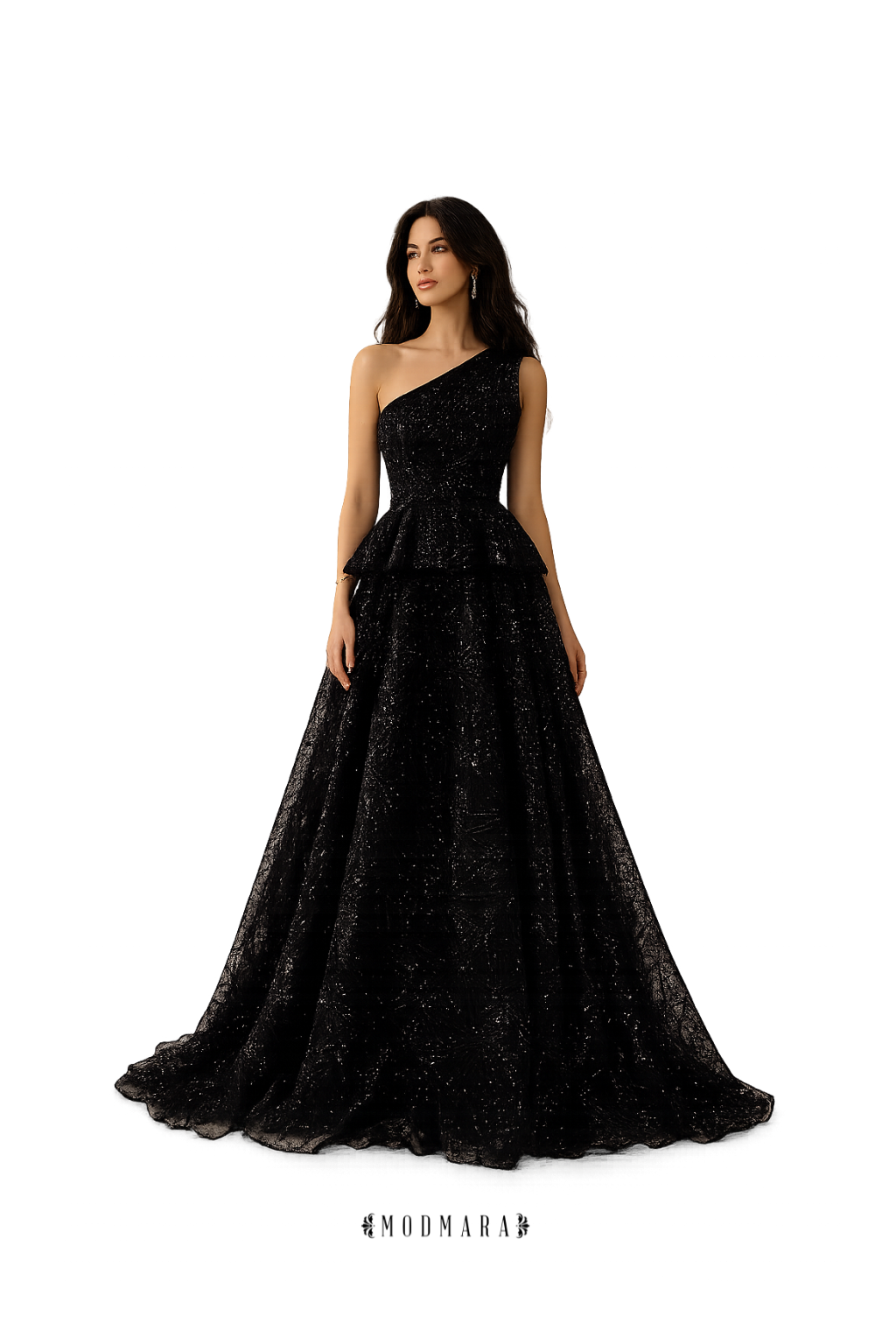 Woman in a black, one-shoulder, floor-length gown with a fitted waist and flowing skirt, standing against a white background.