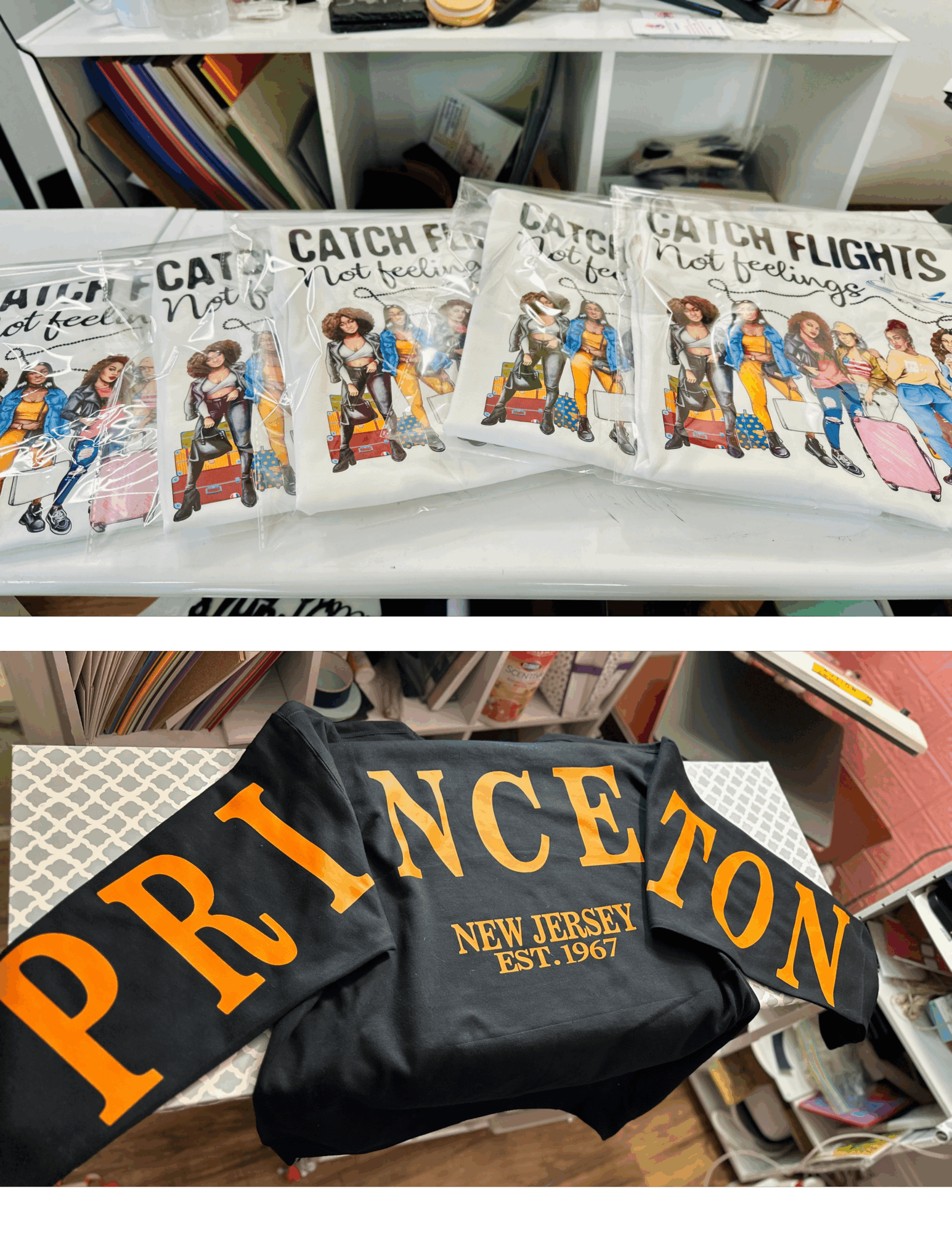 Two stacks of books on a table, one with children's books and the other with a Princeton bag, in a room with shelves.