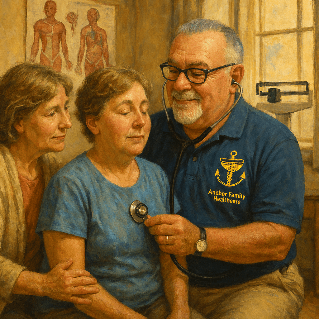 Doctor examines a woman with two women in a medical office, anatomical posters on the wall, and medical equipment nearby.
