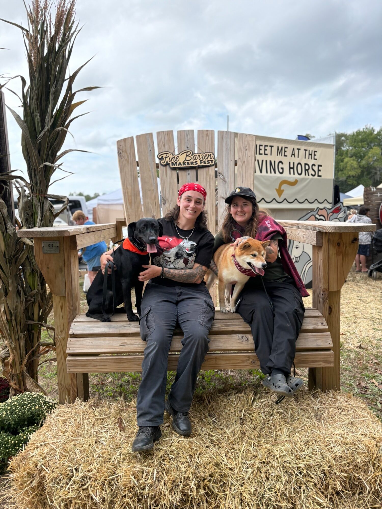 Two women sitting on a wooden bench with dogs, smiling, at a fairground with a sign reading 'Viking Horse' in the background.