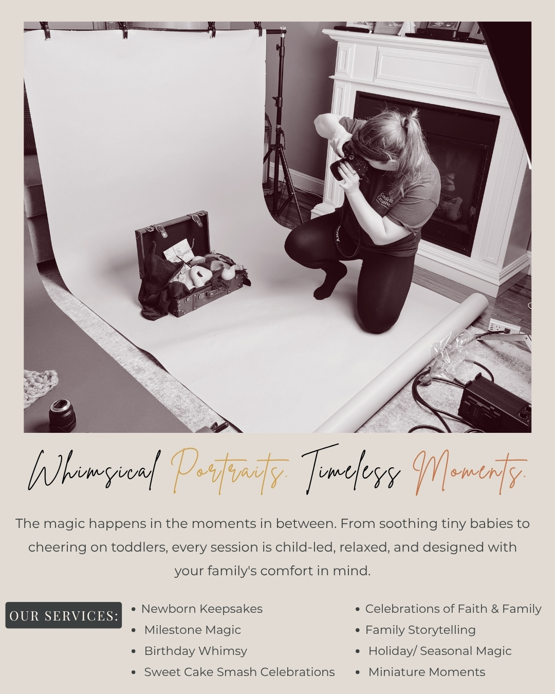 Person kneeling and taking a photograph in a makeshift studio with a backdrop and props, fireplace in background.