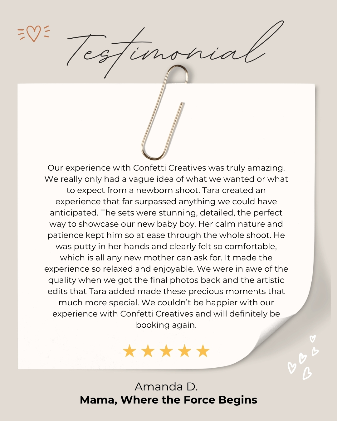 Testimonial letter with five-star rating, signed by Amanda D., praising Confetti Creatives, attached with a paperclip, on a light background.