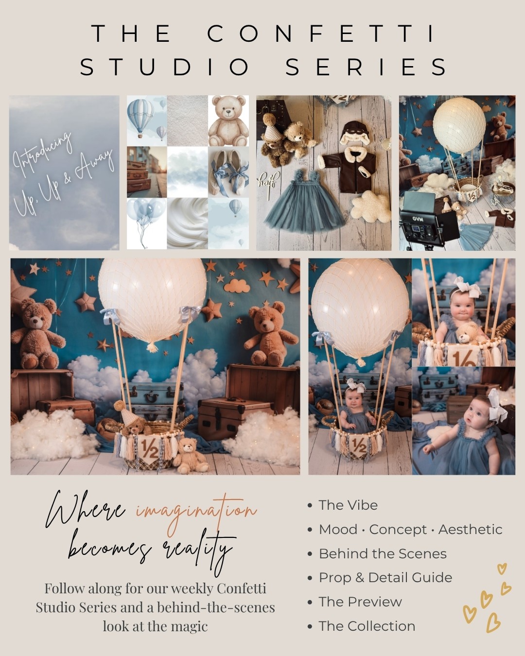 Collage of decorated teddy bears, balloons, and children in costumes for a Confetti Studio Series event, with text and hearts.