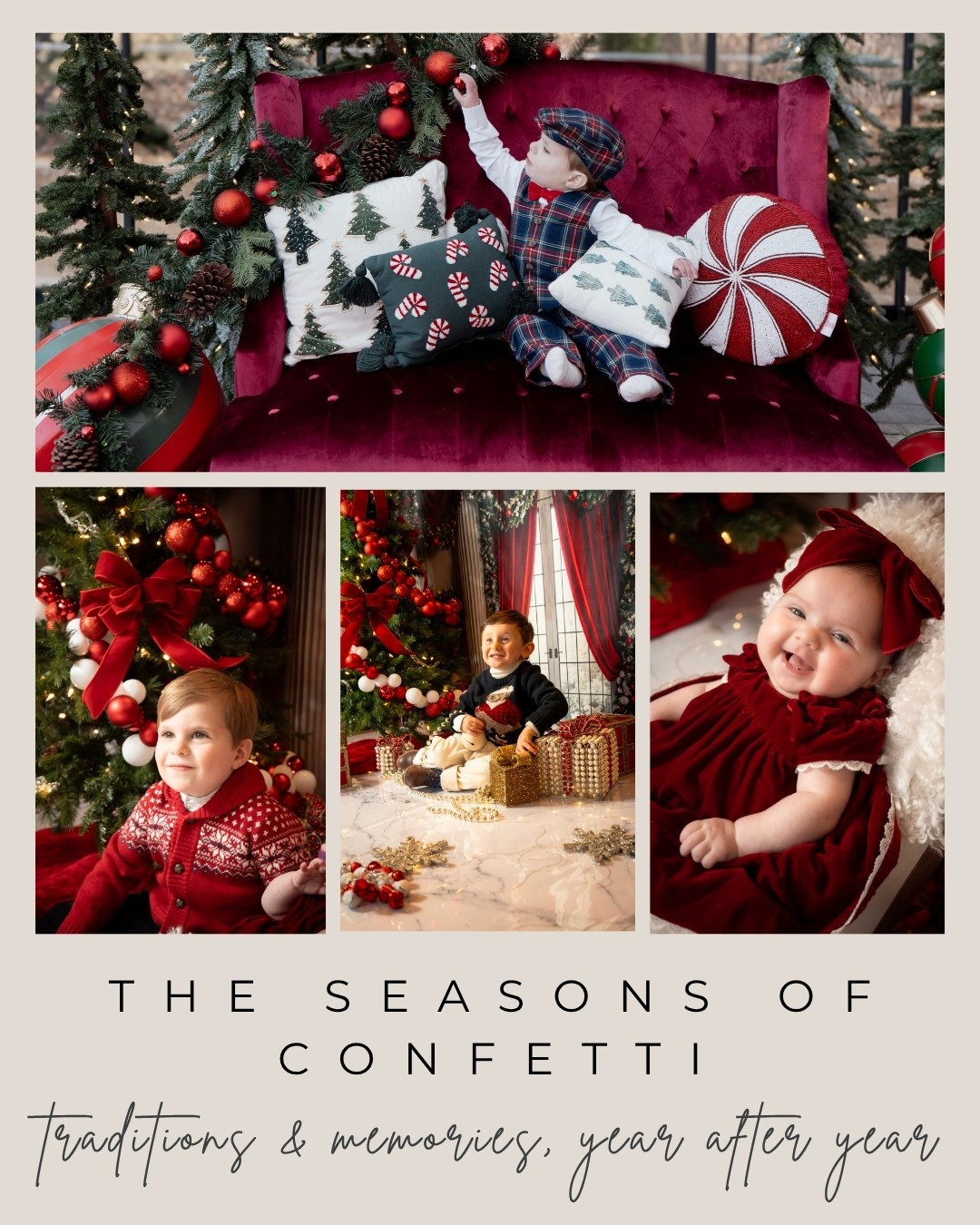 Child sitting on a red velvet couch surrounded by Christmas decorations, including ornaments, pillows, and a peppermint-shaped pillow.