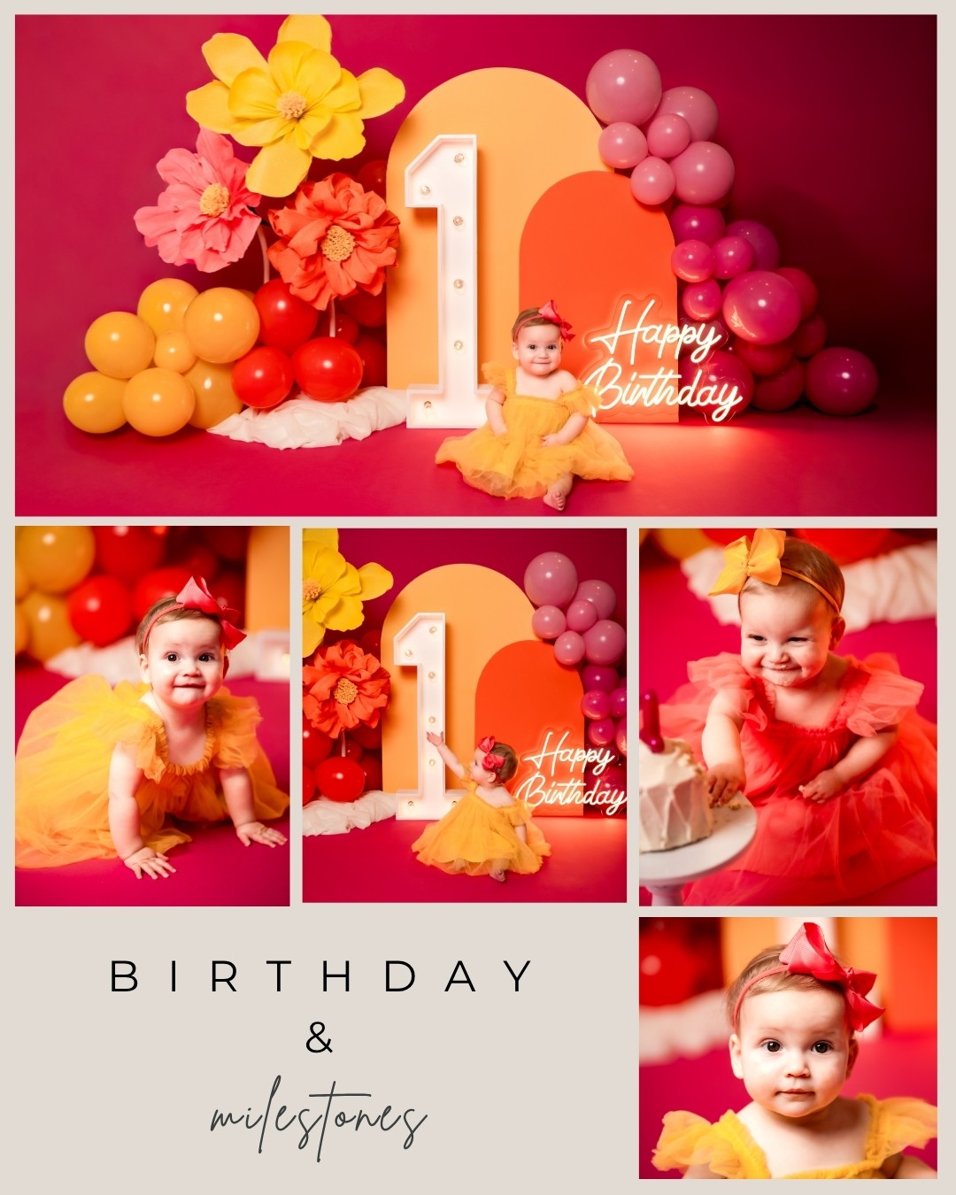 Child in yellow dress sitting in front of birthday decorations with balloons and large number one, celebrating birthday.