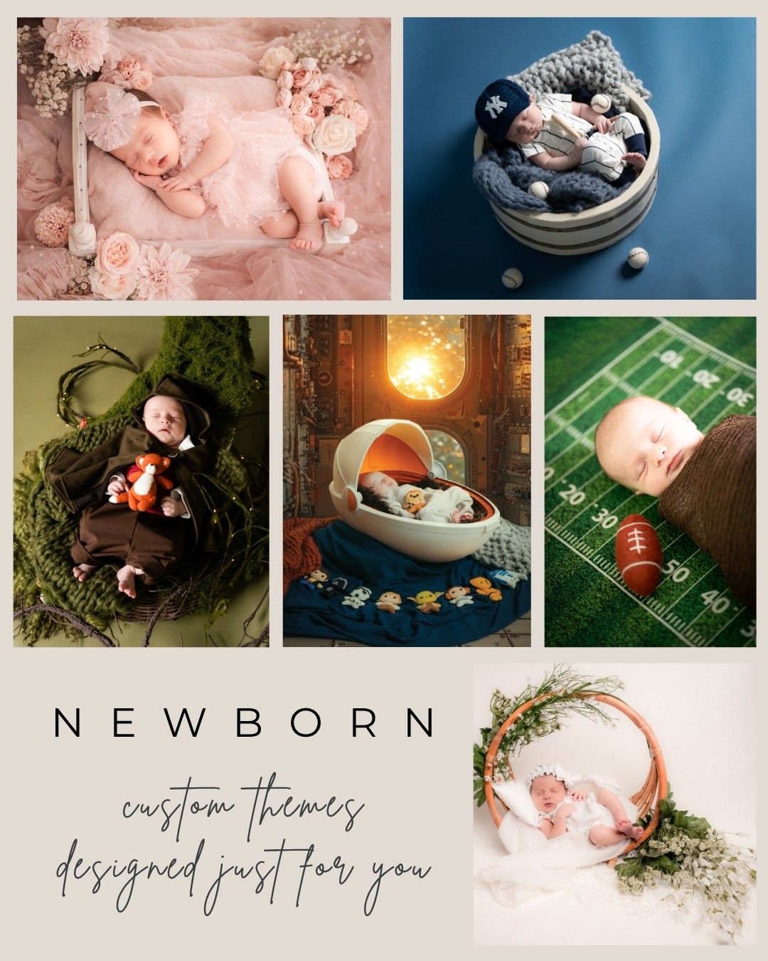 Six images of newborns, including a baby in flowers, a baby with knitted hats, a baby lying on grass, a baby in a cradle, a baby on a football field, and a baby in a basket, with text reading