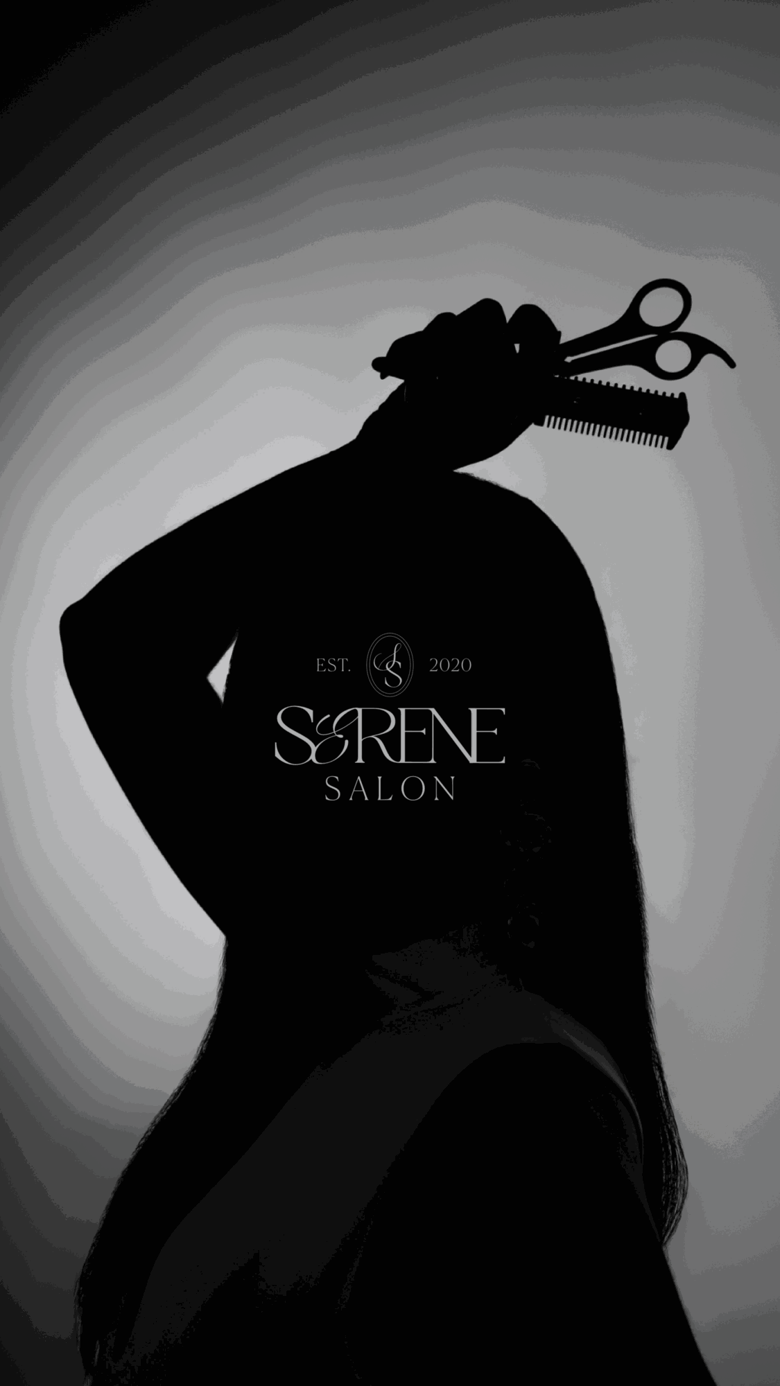 Silhouette of a person with hairdressing tools on head, against a light background, with salon sign visible.