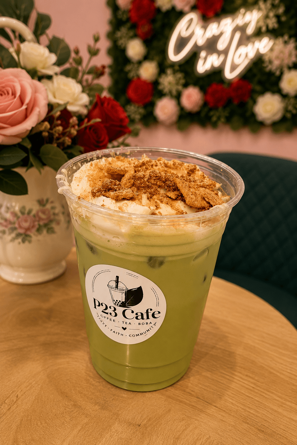 Green matcha latte topped with whipped cream and crumbled cookies, in a clear plastic cup with a cafe logo, on a wooden table.