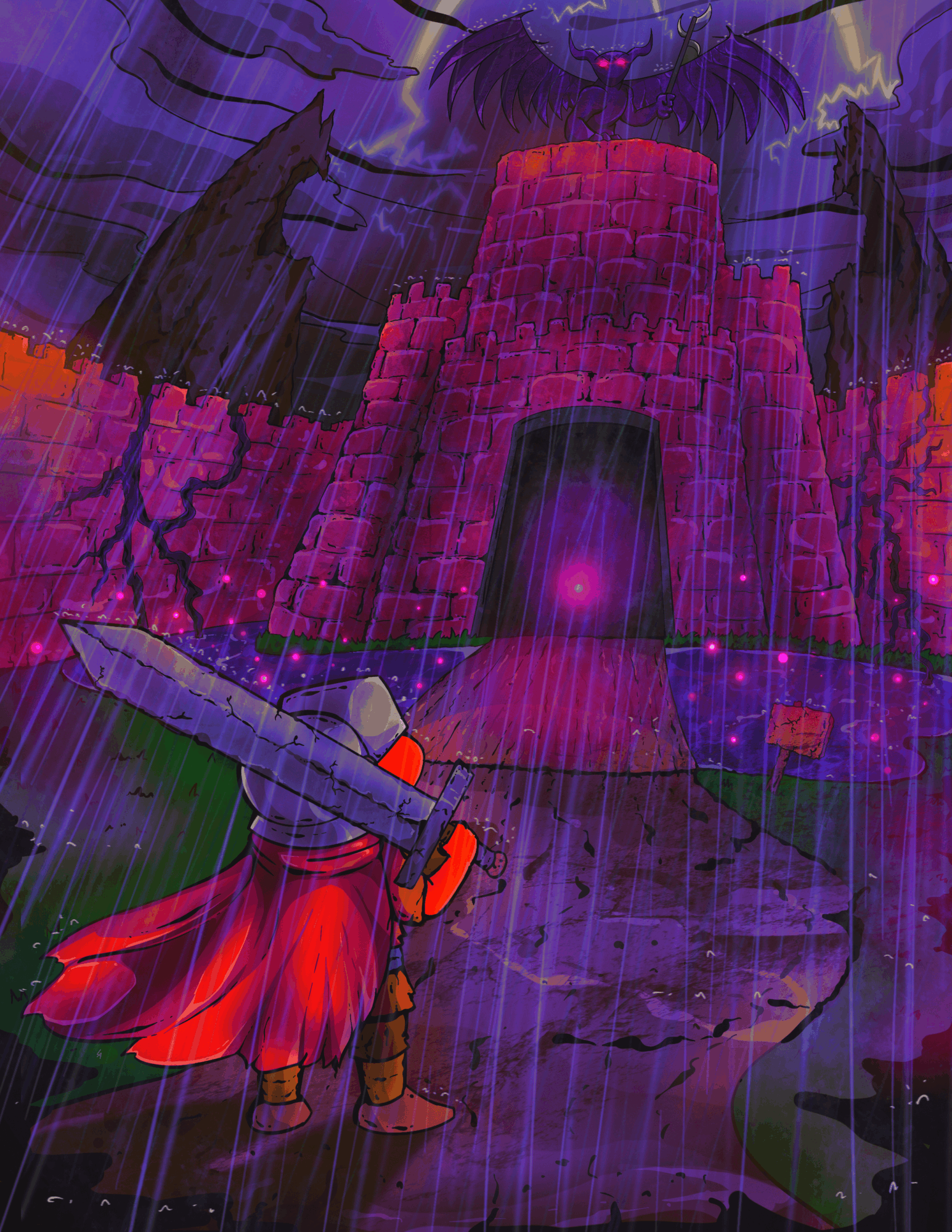A character with a sword faces a large, dark castle with purple and pink hues, bat-like wings, and a glowing entrance.