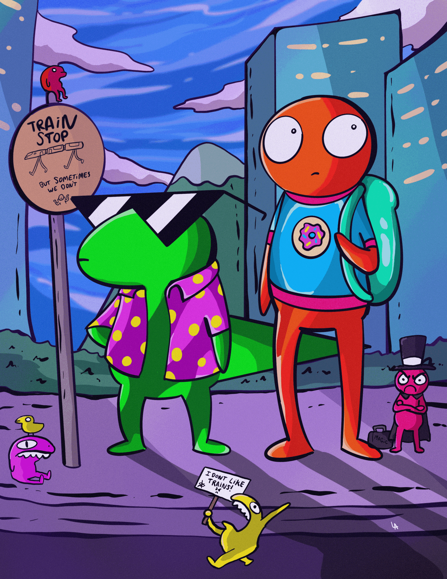 Two cartoon characters standing near a train stop sign, with colorful background and small creatures around them.