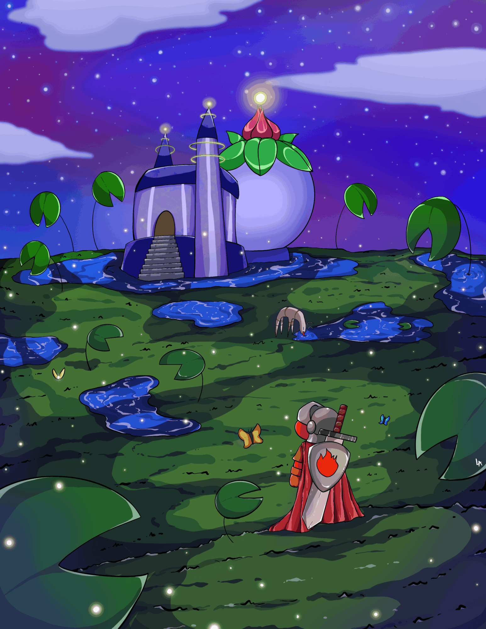 A whimsical castle with a red roof and green accents sits on a starry night landscape with a person in a red cloak in the foreground.